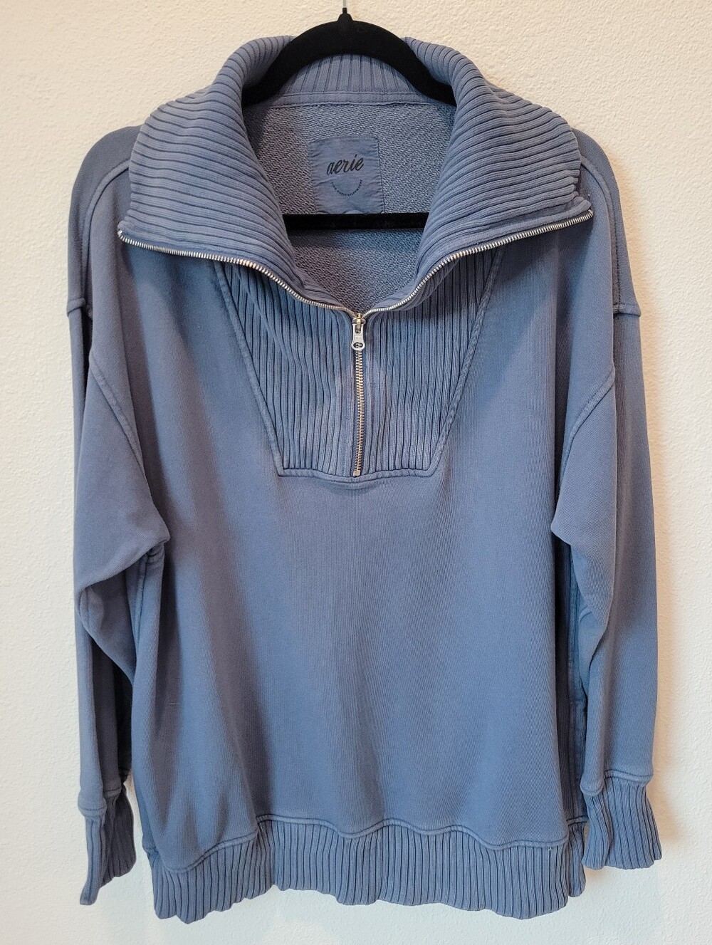 Aerie Womens S Blue Quarter Zip Pullover Ribbed Cowl Neck Oversized Cozy